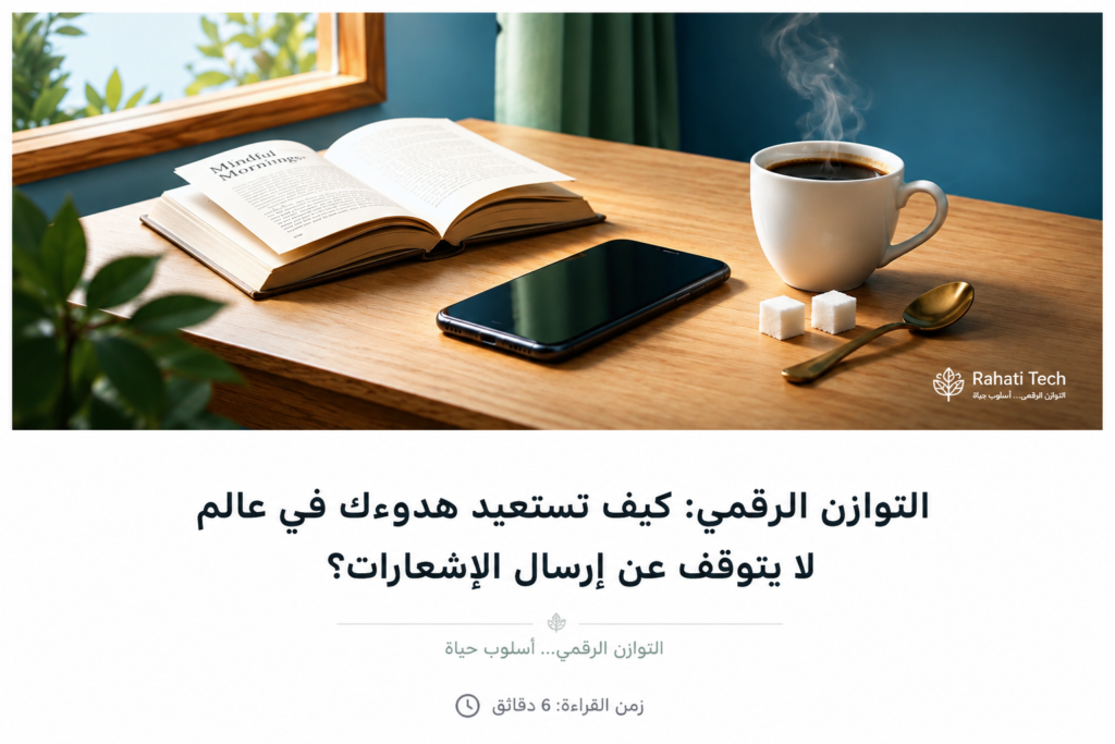 التوازن الرقمي - مساحة عمل هادئة مع كتاب وقهوة وهاتف ذكي
