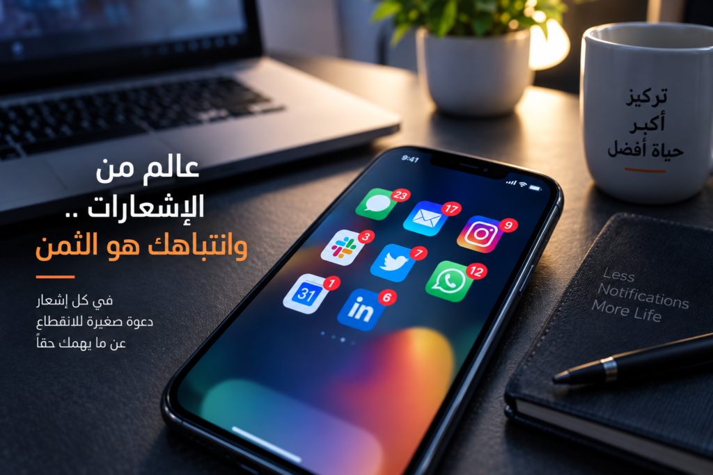 هاتف ذكي مليء بالإشعارات على مكتب عمل يوضح أثر التنبيهات على التركيز