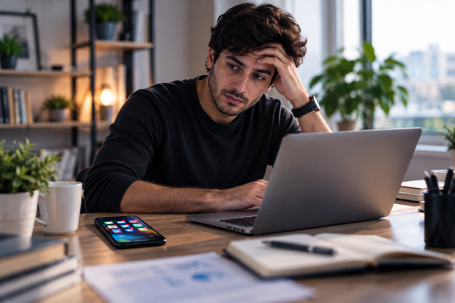 شخص يعمل على حاسوب محمول بينما يسبب الهاتف تشتت الانتباه