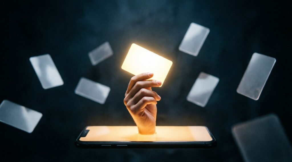 يد تمسك بطاقة مضيئة فوق هاتف ذكي وبطاقات رقمية تحيط بها